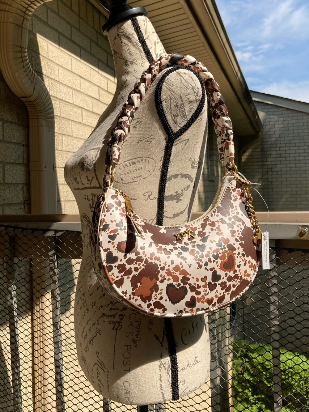 Betsey Johnson Crescent Shoulder Purse Brown White Cow Print Hearts Western - Picture 3 of 17